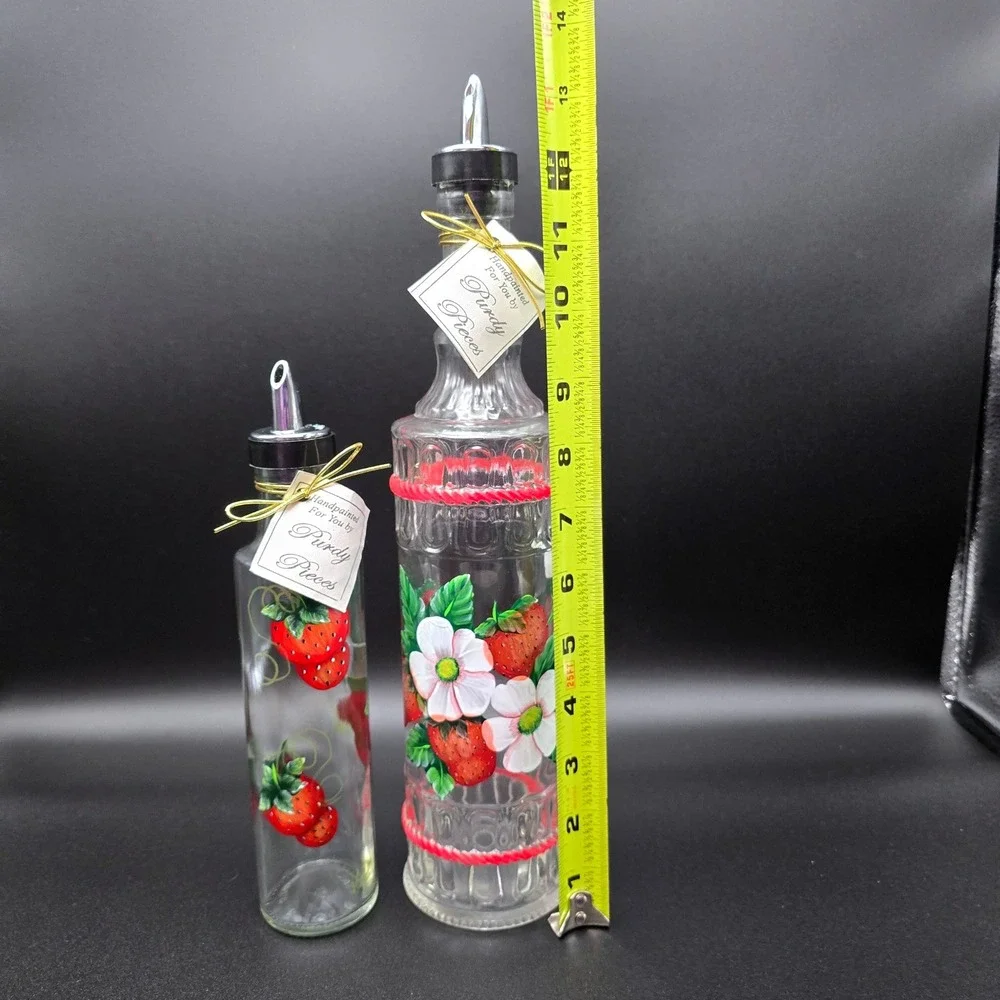 Purdy Pieces Handpainted Strawberry Glass Oil Vinegar Cruet Set Italy Spill-Stop